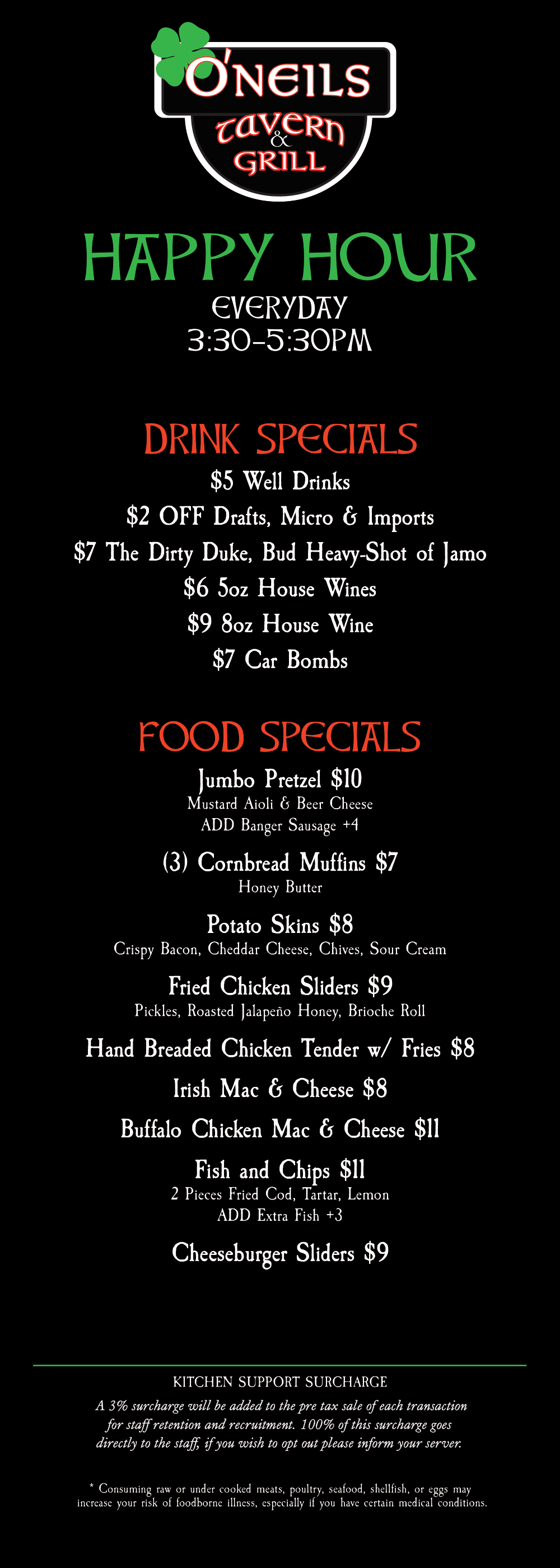 Happy Hour Menu O'Neils Tavern & Grill