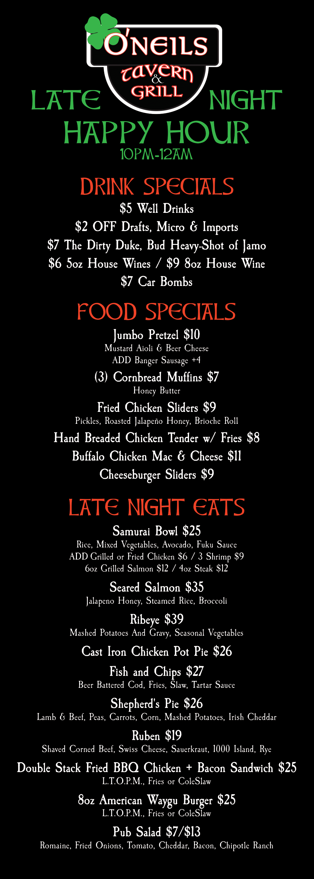 Happy Hour Menu O'Neils Tavern & Grill